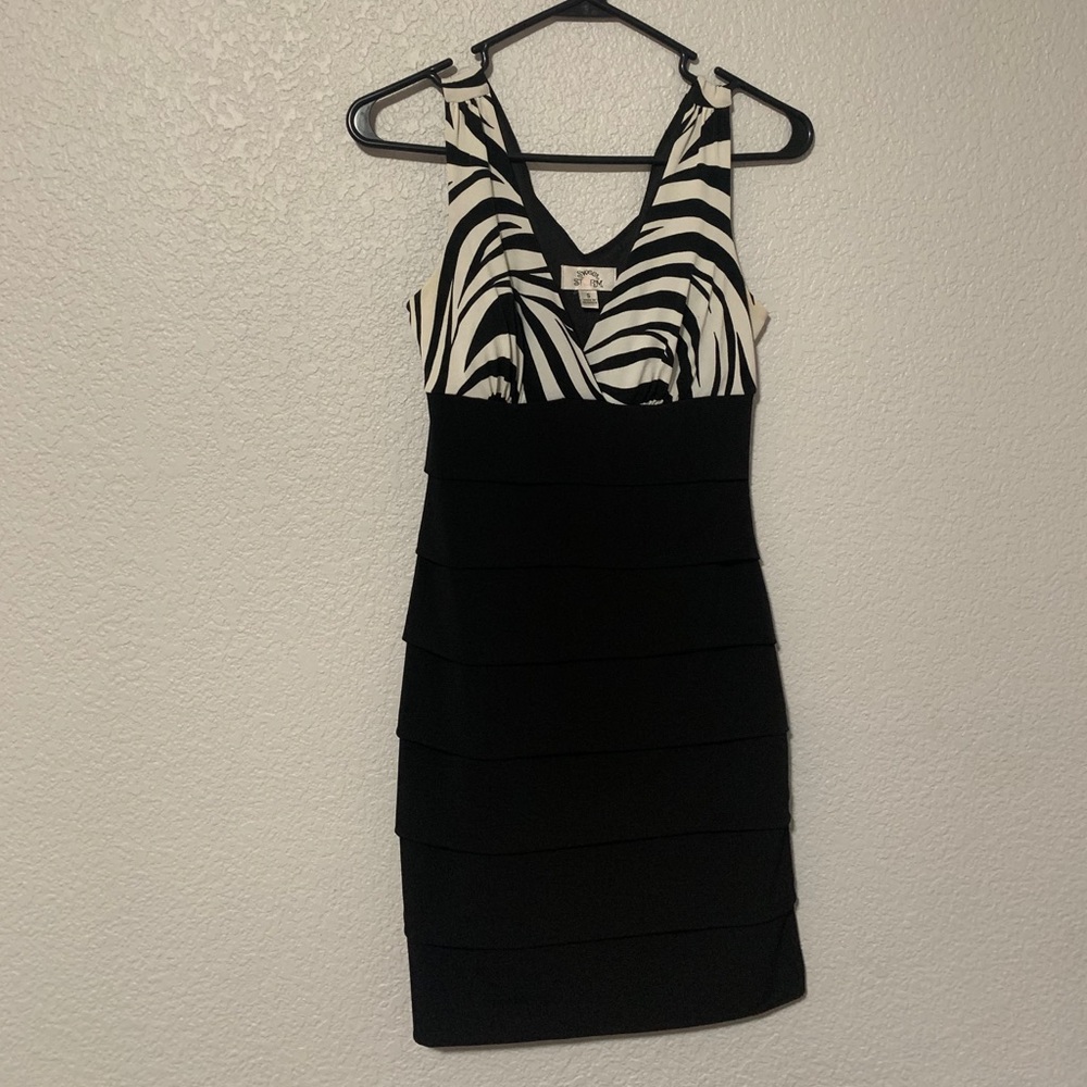 Zebra print and black fancy ruffled dress